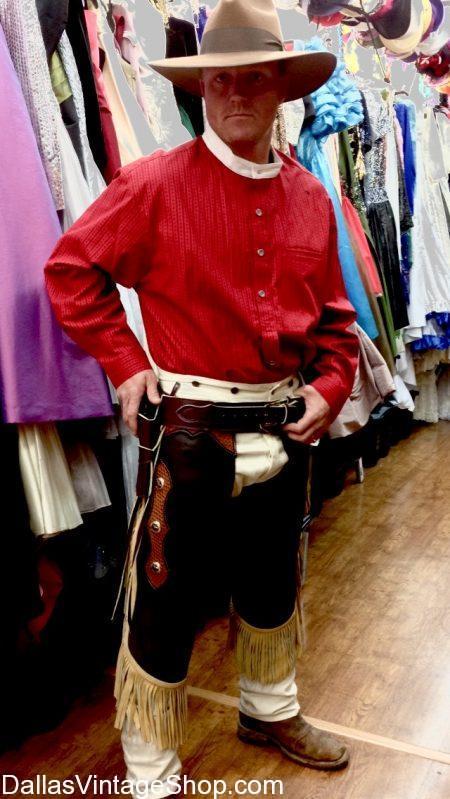 Real Cowboy Outfits, Real Leather Cowboy Chaps, Chinks, Vests & Hats, Old West Gun Belts, Cowboy Slickers, real Cowboy Long Coats at Dallas Vintage Shop.