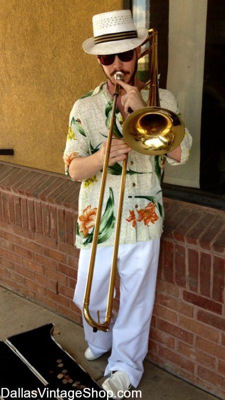 Tropical Men's Attire from Tropical Print Shirts to specific Caribbean Islander Costumes, you will find it here. This Havana, Cuba Tropical Street Musician's Costume and any other Tropical Caribbean Characters from History or Movies are abundant at Dallas Vintage Shop.