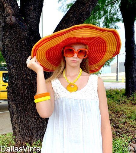 Huge Selection of these Tropical Sun Hats, many colors, large brim, matching Tropical jewelry & sunglasses at Dallas Vintage Shop.