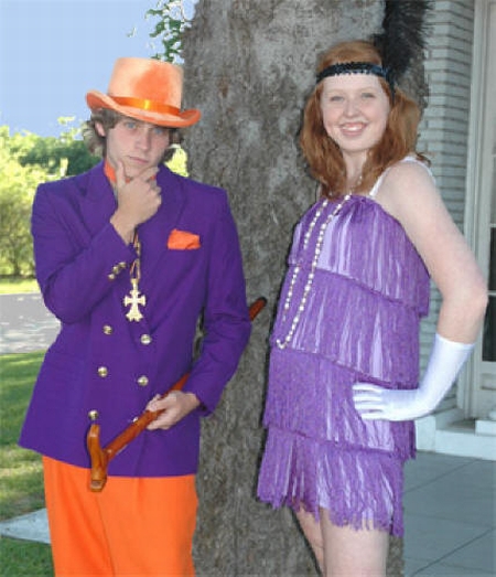 1920's Flapper and Zoot,  1920's Purple Flapper Dress, Prom Flapper & Gangster Costumes, Prom Couple 1920s Costumes, 1920s Purple Gangster & Flapper Outfit