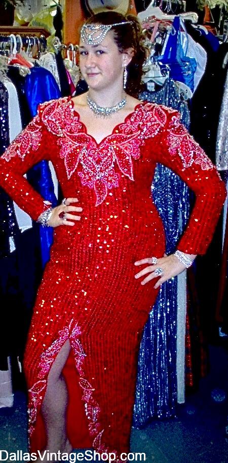 Christmas Gala Gowns: Remarkable Vintage Gowns, Red Holiday Beaded Gowns, Luxurious Vintage Sequin Gowns at Dallas Vintage Shop.