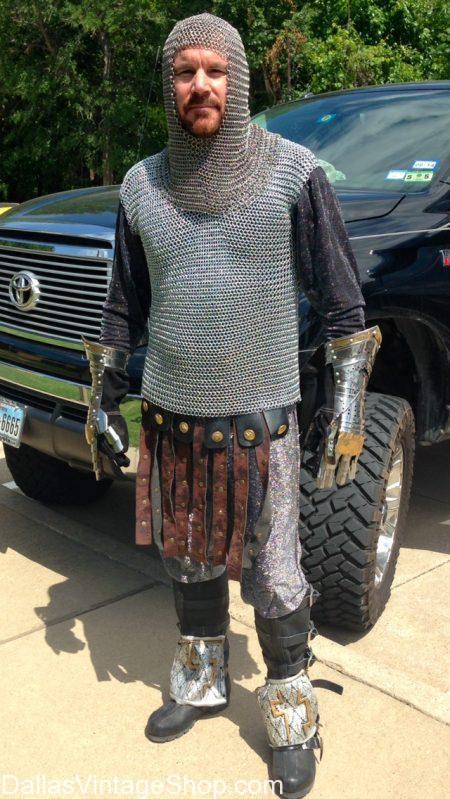 Medieval Gladiator Costume, Shakespearean Manly Man Warrior, Theatrical, Historical Warrior King Costumes, Armor, Chainmail, Chainmail Coifs, Weapons & Gear from Dallas Vintage Shop.