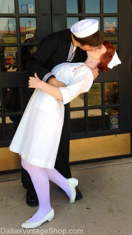 Iconic Couples Costume Ideas, Sailor & Nurse at End of WWII, V-J Day Sailor Nurse Kiss and other Iconic Couples Costumes are at Dallas Vintage Shop.