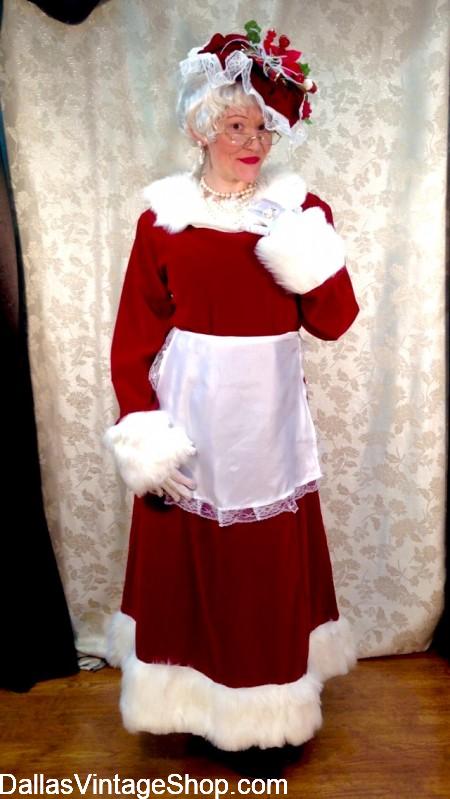 Mrs. Claus Costume HQ: Get Sweet Mrs. Santa Dresses & Accessories to Match. We have plenty of Aprons, Mop Hats, Granny or Mom Wigs, Memaw Glasses, Gloves & Jewelry. We even have Old Fashioned Hair Curlers & Old Folk Professional Makeup kits.