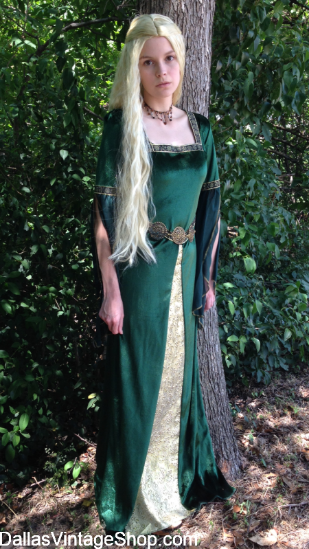 Eowyn Lord of the Rings Costume, shield maiden or Rohan, Eowyn green dress, wig & accessories from Dallas Vintage Shop.