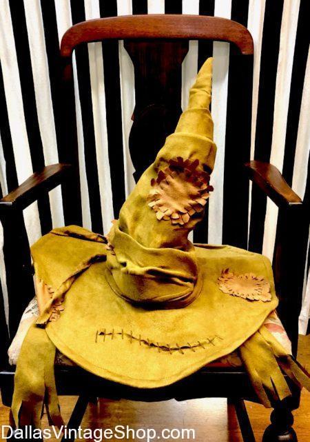 A Licensed Harry Potter Sorting Hat sitting on a wooden Chair waiting to be used