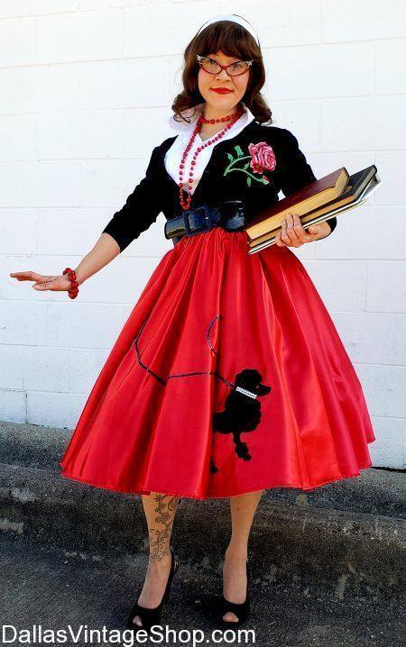 Best Poodle Skirt Selection in DFW, Poodle Skirt Petty Coats, Poodle Skirt Accessories, Poodle Skirts in alll Adult and Child sizes. Poodle Skirts range in prices from Supreme Qualtiy to Median and Economy Price Points.