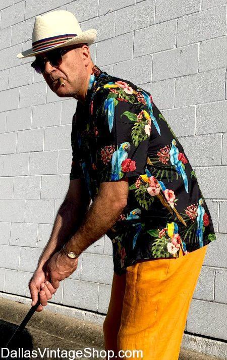 Tropical Men's Shirts, Tropical Parrot Print Shirt, Tropical Mens Fashion Clothing, Tropical Gentlemans Attire & Tropical Accessories are at Dallas Vintage Shop. 