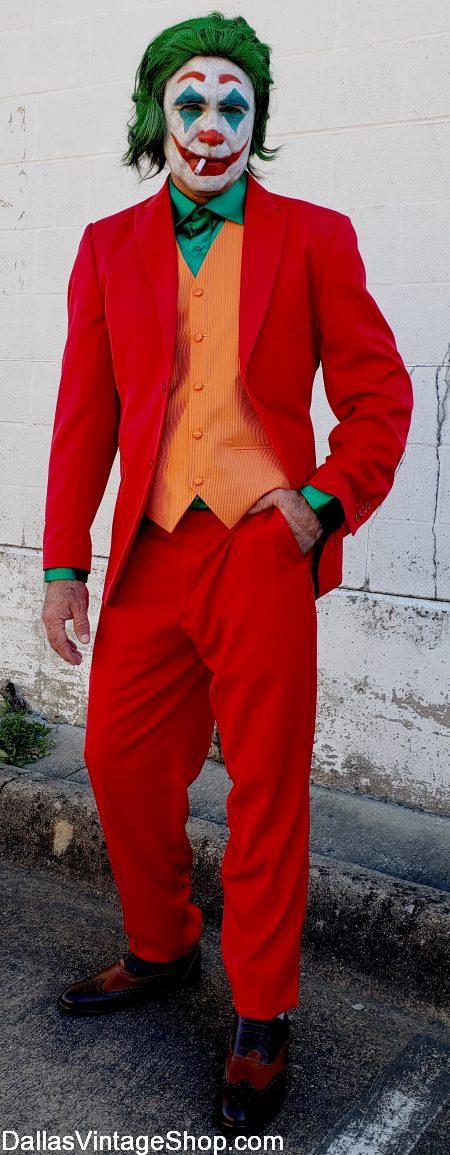 Joker Costume Joaquin Phoenix, New Joker Movier Red Suit Costume, Joker Wig, Joker Makeup, Joker Orange Vest is at Dallas Vintage Shop.