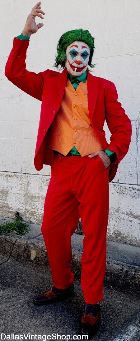 Joker Joaquin Phoenix Red Suit, Orance Vest, Joker Wig, Green Shirt at Dallas Vintage Shop.
