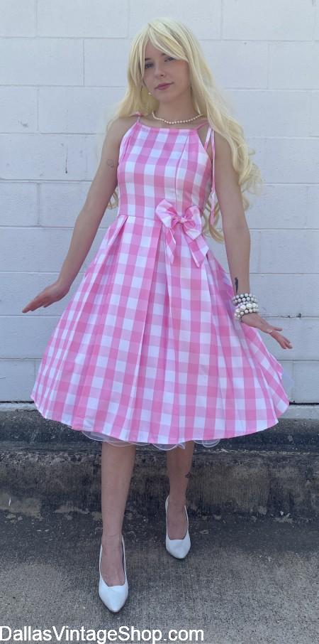 Barbie Pink Dress Costume, Barbie 2023 Movie Costume, Barbie Movie Pink Plaid Dress, Barbie Movie Margo Robbie Pink Dress Costume, Barbie Pink Dress in Barbie Land Costume is in stock at Dallas Vintage Shop.
