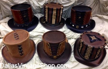 Burning Man Gear Killer Hats, Leather Top Hats, Embellished Steampunk Leather Tall or Short Top Hat Collection. Striped Leather Futuristic Top Hats or Plain Leather Top Hats that we help you decorate with unlimited futuristic, Steampunk, Rave & Old west Gears & Gadgets.