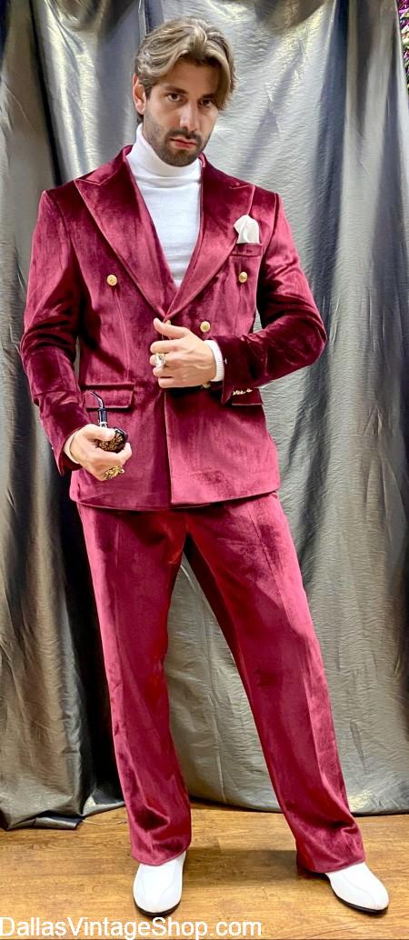 Men's Christmas Party Fashions: Burgundy Velvet Men's Suit:, Holiday Double Breasted Luxurious Suit. Holiday Party Men's Attire, Retro Christmas Theme Parties or Holiday Gala Events.