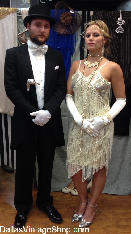 NYE Party Clothing, New Years Eve Couples Ideas, NYE Gala Ball Costumes, NYE Gala Attire at Dallas Vintage Shop.