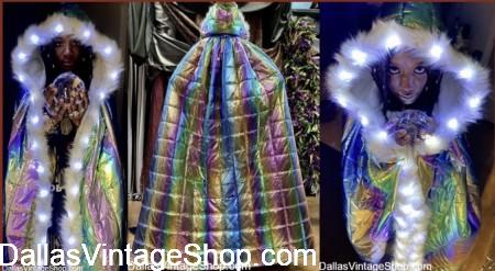 BURNING MAN Iridescent GEAR: 2025 "Tomorrow Today" LED Cloaks, Vests, Capes, Hats & Cold Night Clothing is at Dallas Vintage Shop.