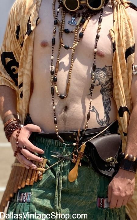 BURNING MAN MEN'S OUTFITS: Breezy Tribal Clothing, Interesting Tribal Beaded Necklaces, Bracelets, Earrings & other Accessories, Belt Pouches, Tribal Instruments & Curious Gear. from Dallas Vintage Shop. BURNING MAN MEN'S OUTFITS: Breezy Tribal Clothing, Unlimited Collection of Interesting Tribal Beaded Body Jewelry & Accessories