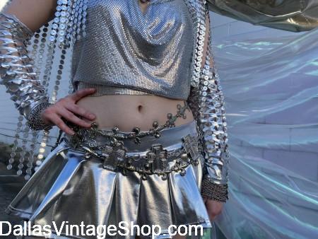 BURNING MAN BEST LADIES COSTUMES: Futuristic Metallic Silver Bra, Silver lame Clothing & Jewelry.
