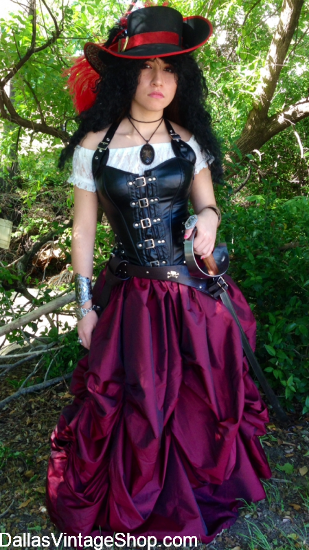 PIRATES COSTUMES: Find Quality Period Garb for Lovely Wench Lady Outfits. We can help you create the kind of Pirate Costume that makes the statement that you want to make. this Gorgeous, Seductive, Pirate Wench Supreme Costume is only one Pirate Wench Idea. Go as tough, sexy, glamorous, authentic or fantasy as you want. Bling it up or go as your favorite historical, TV Show or Movie Character. Our enormous selection will support whatever direction you want to go. We can do the same for men too. Always in stock at Dallas Vintage Shop. PIRATES COSTUMES: Find Quality Period Garb, Unlimited at Dallas Vintage Shop.